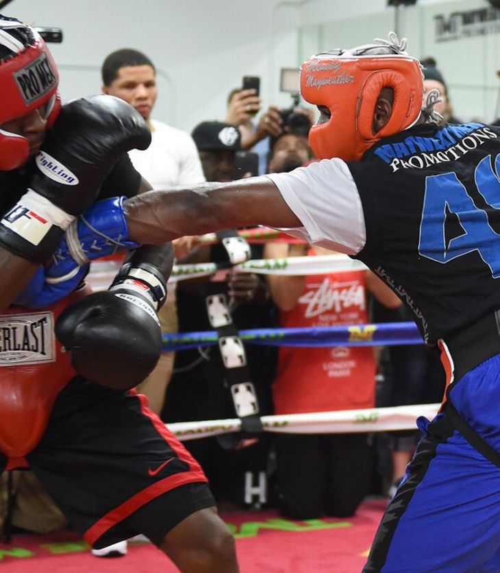 Mayweather sparring in a media workout.